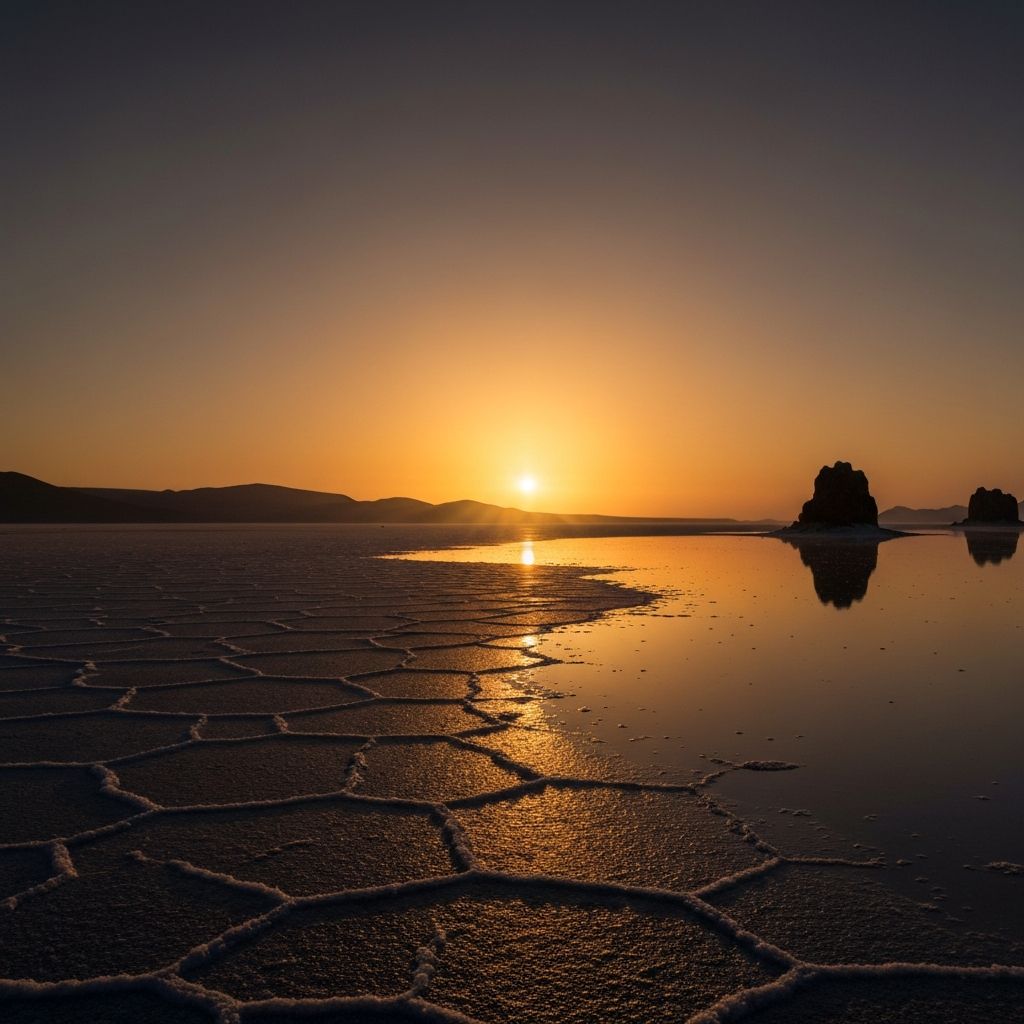 A solitary figure at the edge of a reflective black salt flat as an amber sun rises on the horizon.